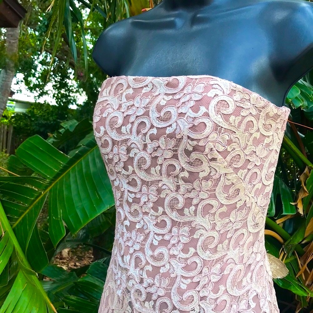 Carmen Marc Valvo strapless soutache lace corset maxi gown